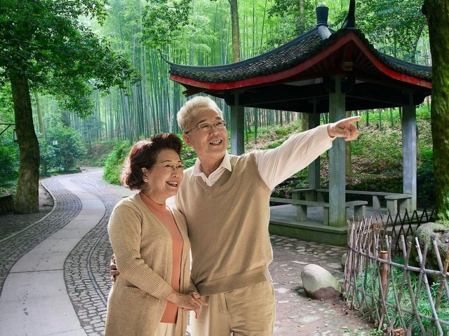Китайская счастливая престарелая пара в парке