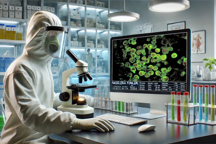 Инфекционист под микроскопом рассматривает амёбу Naegleria fowleri